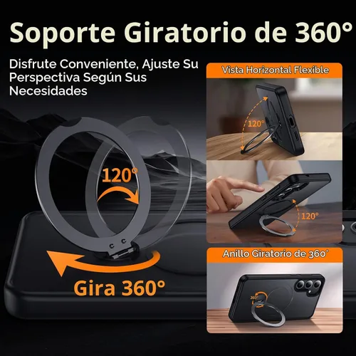 Vista 6 de Funda para Samsung Galaxy S24+ Plus, compatible con MagSafe, con soporte de anillo magnético giratorio de 360° [carga inalámbrica], soporte de Negro