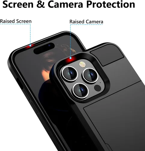 Vista 5 de Vofolen - Funda para iPhone 15 Pro con tarjetero, color negro Dual Layer Shockproof Wallet Phone Case, Hidden Card Slot Sliding Protective Hard
