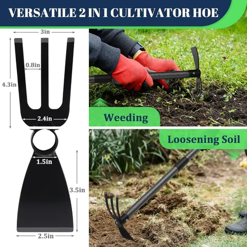 Vista 2 de Herramienta multiusos de azada de jardín, resistente ajustable (16 a 30 pulgadas) con mango ergonómico, acero recubierto antioxidante