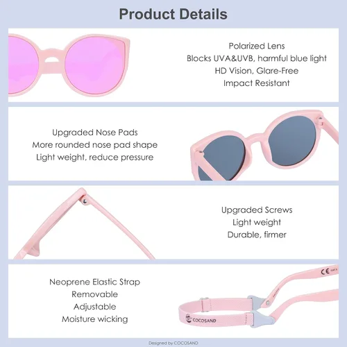 Vista 5 de COCOSAND Gafas de sol para bebé con correa polarizadas, flexibles, retro, ojo de gato para niños y niñas de 0 a 24 meses