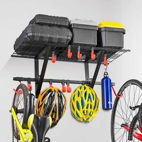 Vista 7 de PLKOW Estantería de pared de garaje, paquete de 4 unidades, incluye ganchos para bicicleta, estante de garaje ajustable y resistente organizador