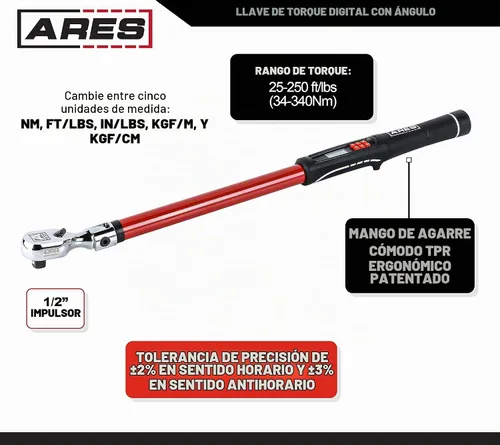 Vista 3 de ARES 43008 1/2-Inch Drive Flex Head Digital Torque Wrench Torque and Angle Readings