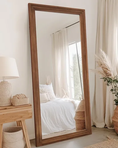 Vista 27 de Espejo de longitud completa, espejo de madera de 71" × 32" con soporte, espejo de piso de madera, espejos de pie de gran tamaño, espejos de pared