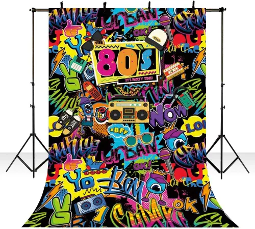 Vista 3 de Hip Hop Regreso a los 80 Fiesta de Cumpleaños Decoración Adulto Fiesta de Cumpleaños Decoración Estudio Fotográfico Banner Graffiti Disco 4.9x6.9 ft