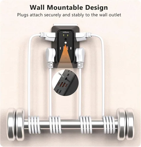 Vista 3 de Regleta de pared con cargador USB, protector contra sobretensiones con 4 puertos USB (2 USB C), extensión de enchufe, múltiples salidas, extensión