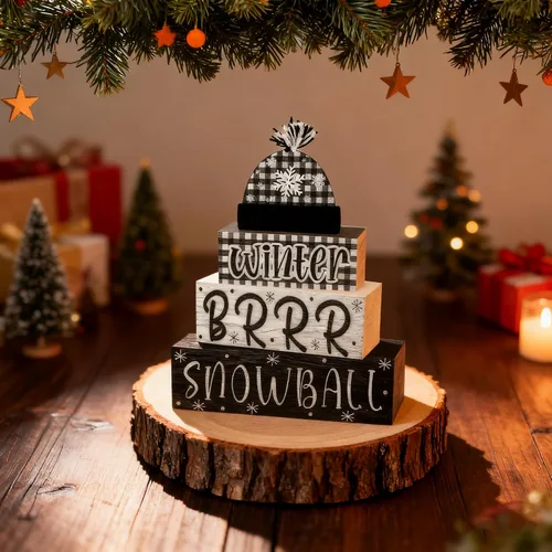 Vista 2 de 4 piezas de decoraciones navideñas para interiores - decoración de mesa de bola de nieve de madera para el hogar - centro de mesa navideño