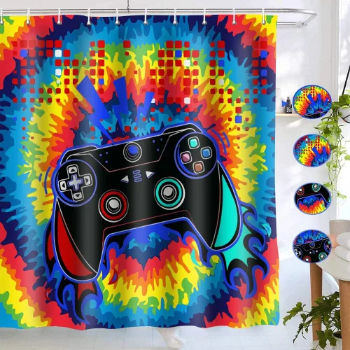 Vista 4 de Gdmoon Cortina de ducha para niños, videojuegos, colorido graffiti hip hop para niños, gamepad negro, moderno, fresco, regalo para niños