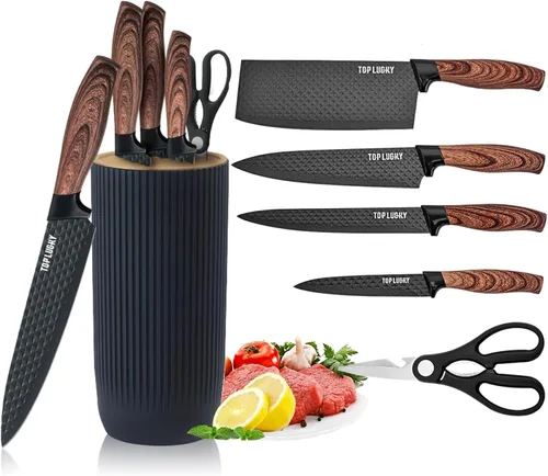 Vista 8 de Juego de cuchillos de cocina profesional de 7 piezas con bloque universal de cuchillos, juego de bloques de cuchillos súper afilados con mango Beige
