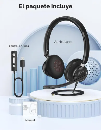 Vista 9 de Auriculares con cable con micrófono para PC, computadora portátil, auriculares USB con micrófono de cancelación de ruido, control en línea