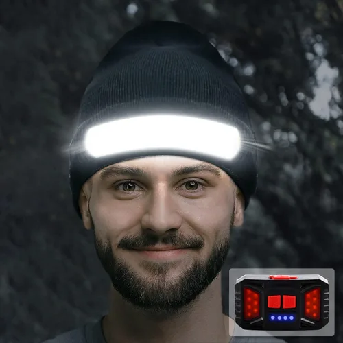 Vista 8 de Easymaxx Paquete de 2 Gorros con Linterna Frontal Recargable, 1200 Lúmenes LED Gorro con Luz de Haz Ancho Integrada, 6 Modos, Gorro de Invierno