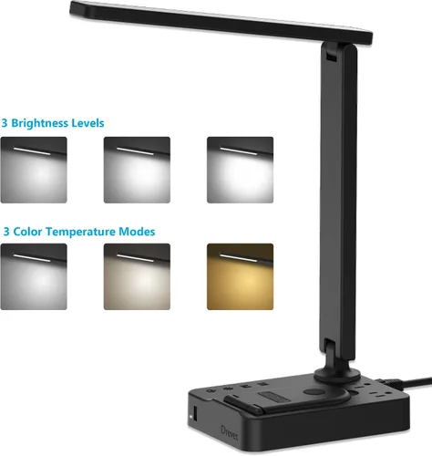 Vista 2 de Drevet Lámpara de escritorio LED con cargador inalámbrico, luz de mesa de escritorio con puerto de carga USB y 2 tomas de corriente, 3 modos