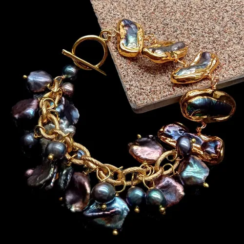 Vista 4 de Pulsera de cadena de perlas Keshi de 7.9in cultivadas de perlas biwa negras #3211