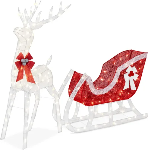 Vista 10 de Best Choice Products Decoración de Navidad iluminada de 4 pies con reno y trineo para exteriores, juego de decoración de patio con 205 luces LED