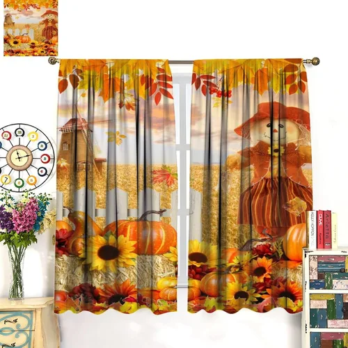 Vista 3 de Divertidas cortinas opacas de calabaza y espantapájaros para sala de estar, rústicas de otoño, hojas de arce, girasol, cosecha de otoño, puesta