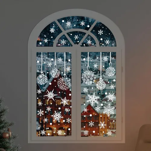 Vista 5 de AnyDesign 9 hojas de calcomanías de Navidad para ventana, diseño de copos de nieve, calcomanías de doble cara para decoración de vacaciones, hogar