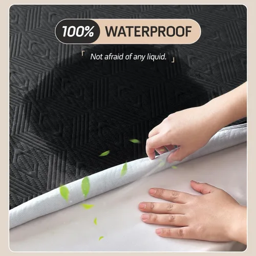 Vista 3 de Protector de colchón negro jacquard 100% impermeable tamaño individual, silencioso, antideslizante, transpirable, rayón de bambú, acolchado, sábana