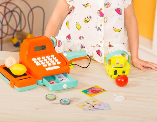 Vista 10 de Battat Kids - Caja registradora con escáner y sonidos, juego de 26 piezas Pretend play shopping set with calculator, light-up scanner, play money