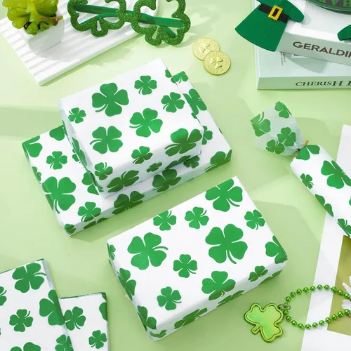 Vista 5 de Whaline 100 hojas de papel de seda para el día de San Patricio, acuarela, trébol, papel de regalo de trébol verde, papel de regalo para el hogar