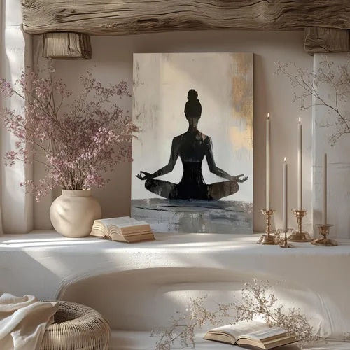 Vista 3 de GELDSTEI Arte de pared zen enmarcado, pintura moderna en lienzo de chica haciendo yoga, decoración de pared de meditación tranquila, imagen estética