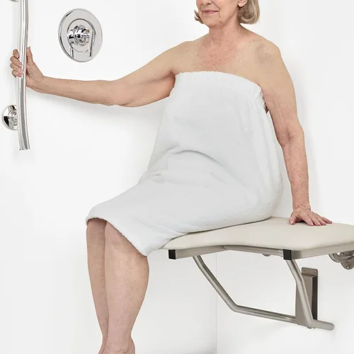 Vista 12 de Seachrome Asiento de ducha Lift-Assist, en forma de L, mano derecha, ADA, montaje en pared, acolchado blanco naugahído
