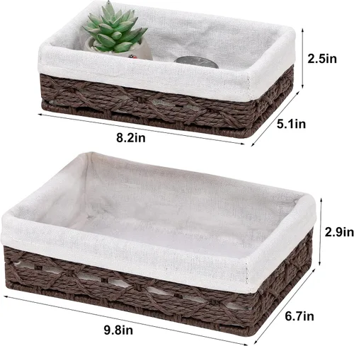 Vista 9 de Cesta rectangular de mimbre con forro, cesta decorativa para mesa de café, organizador de encimera de baño, organizador rectangular de cajones