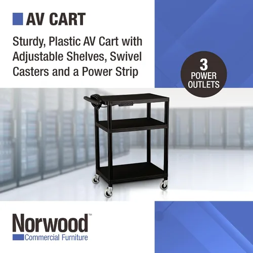 Vista 2 de Muebles Norwood Comercial NOR-OUG1042-SO, altura adjustable, móvil carrito utilitario de plástico AV negro con banda de alimentación