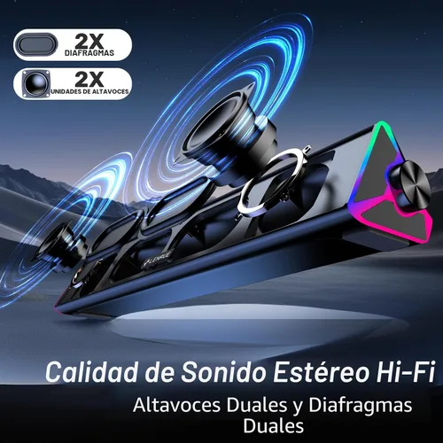 Vista 2 de LENRUE Altavoces de computadora para escritorio, altavoces de PC con un solo USB para alimentación y sonido estéreo, luces táctiles, altavoces