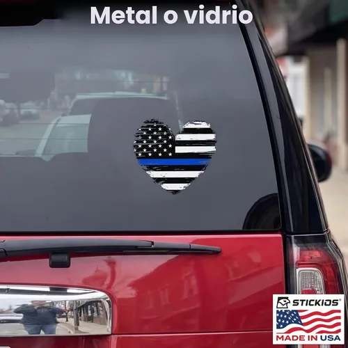 Vista 5 de Stickios Pegatina de la bandera estadounidense hecha jirones con forma de corazón de línea azul, fabricada en Estados Unidos