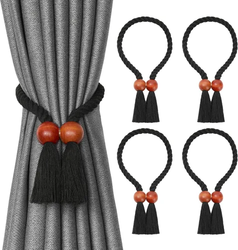 Vista 53 de NICEEC 2 Pack de Alzapaños Magnéticos de Madera en Forma de Cubo Boho para Decoración del Hogar, Alzapaños de Lino Tejidos a Mano para Cortinas Beige