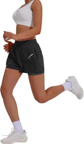 Vista 4 de PINSPARK Pantalones cortos deportivos para mujer, de cintura alta, pantalones cortos de entrenamiento 2 en 1, pantalones cortos para correr