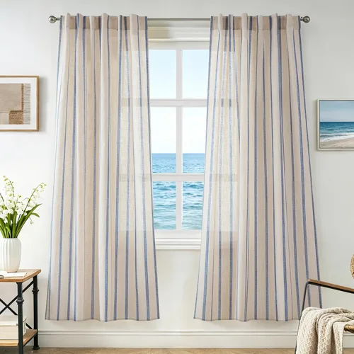 Vista 18 de DriftAway Cortinas de estilo granja con rayas verticales de lino mezclado texturizado con filtro de luz semitransparente para sala de estar