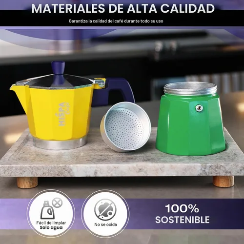 Vista 4 de Cafetera de café expreso para estufa, 3 tazas de café expreso (6 onzas), aluminio, plata, verde, azul y amarillo, con temática brasileña, cafetería