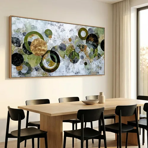 Vista 2 de JLXART Lienzo abstracto enmarcado, arte para la pared, moderno círculo verde dorado y negro, pintura colorida, obra de arte texturizada, lista