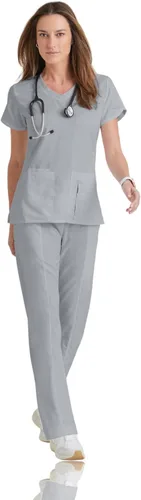 Vista 4 de Camisa estilo Grey's Anatomy con cuello en V y 4 bolsillos para mujer - camisa médica con ajuste moderno