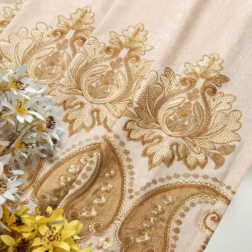 Vista 4 de ELKCA Cortinas de chenilla beige con patrón bordado para sala de estar, cortinas europeas para dormitorio, ojal superior