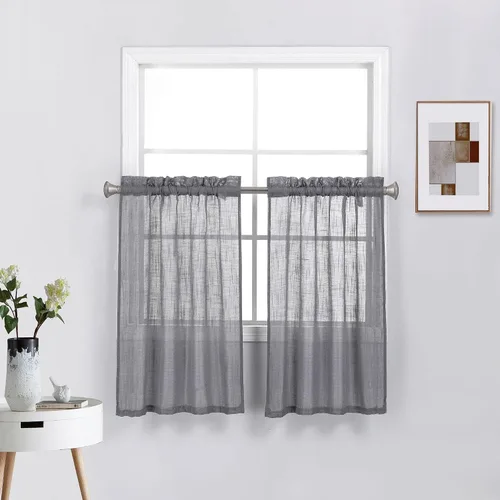Vista 23 de Diamond Home Linens 2 paneles cortos con bolsillo para barra, filtrado de luz, de lino, texturizado, para ventanas pequeñas, 27 pulgadas de ancho x