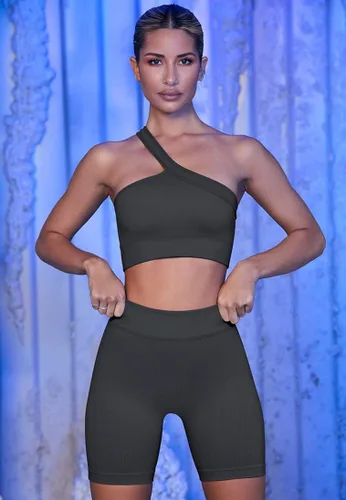 Vista 3 de HYZ Conjunto de entrenamiento de 2 piezas sin costuras para mujer, sin mangas, acanalado, dos piezas, cintura alta, para gimnasio, yoga, pantalones