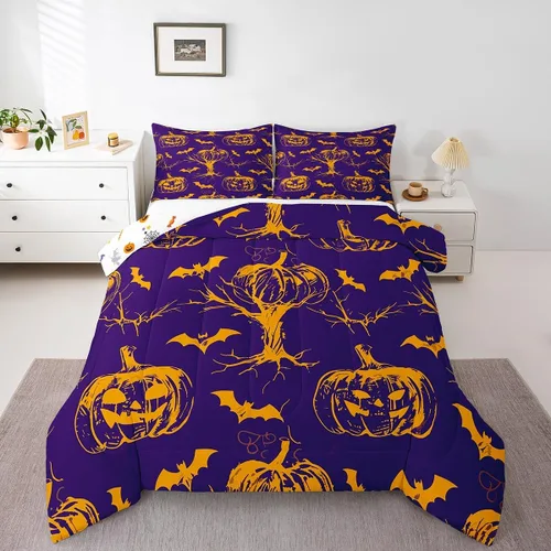 Vista 13 de Erosebridal Ropa de cama de Halloween para niños y niñas, juego de edredón espeluznante de dibujos animados, tamaño individual, relleno de edredón