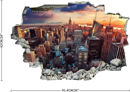 Vista 3 de USA Houses Skyscrapers Evening New York - Calcomanía de pared con diseño de paisaje 3D, extraíble, divertido arte de pared, decoración del hogar