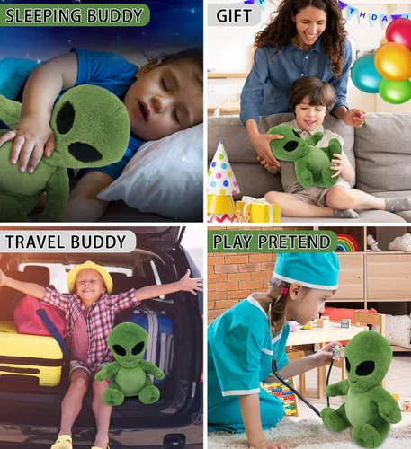 Vista 4 de DolliBu Peluche alienígena de peluche, alienígena verde suave, abrazable, adorable juguete de peluche de criatura espacial, lindos regalos extraños