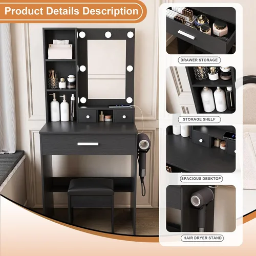 Vista 7 de Escritorio de tocador de 7 bombillas con espejo y luces LED ajustables, mesa de maquillaje de 23.62 pulgadas con toma de corriente y taburete