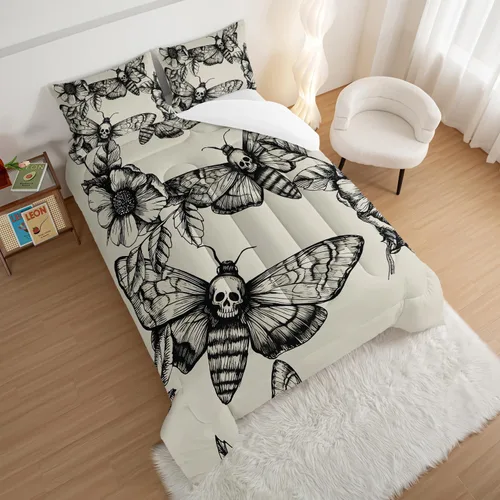 Vista 3 de HOSIMA Juego de edredón de decoración gótica, patrón de calaveras de polilla de la muerte, juego de cama de Halloween tamaño Queen para decoración