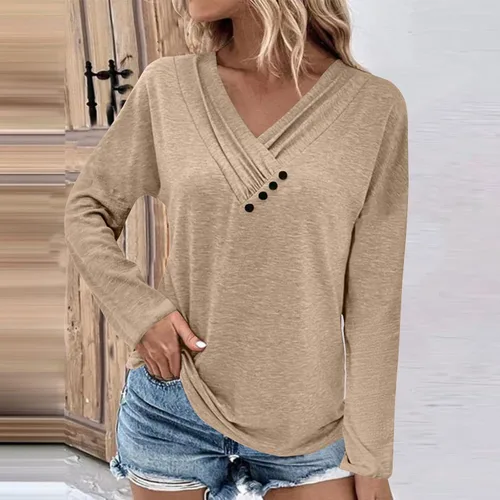 Vista 3 de Camiseta de manga larga con cuello en V y botones para mujer, con panel en el pecho, color liso, sin botones