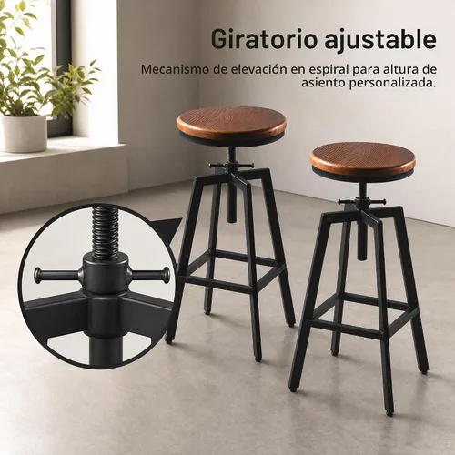 Vista 7 de Taburetes de bar industriales, silla de comedor de cocina, taburete de metal de madera, silla giratoria de altura ajustable, negro, juego de 2 Tapa