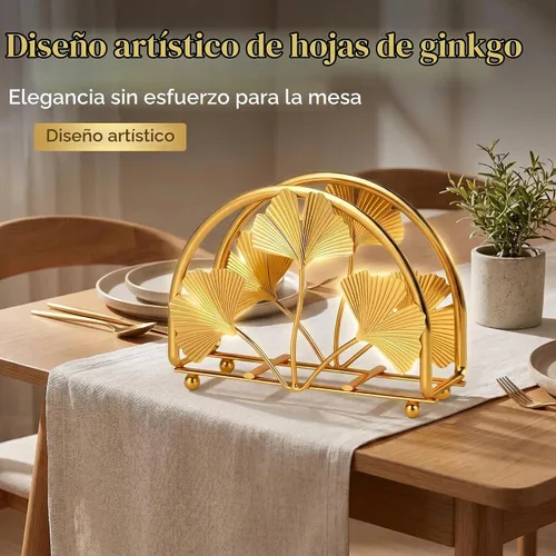 Vista 2 de Servilletero de hojas de ginkgo dorado para mesa, elegantes servilleteros para servilletas de papel, servilletero, servilleta de cóctel de una pieza