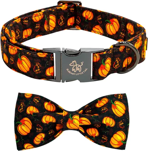 Vista 8 de Elegant little tail - Collar de otoño para mascotas con corbatín, lindo collar de Halloween con estampado de flores y calabaza para cachorros