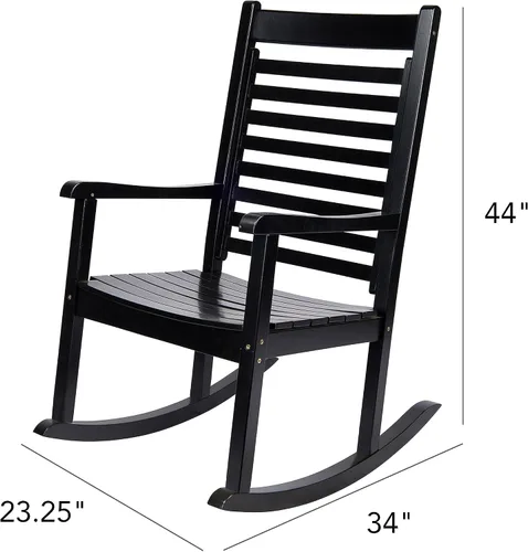 Vista 3 de Silla mecedora de madera moderna de Shine Company, balancín de porche ergonómico de asiento ancho, color negro