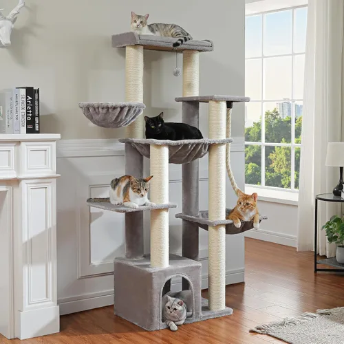 Vista 15 de MUTTROS Árbol para gatos de flores rosas de 50 pulgadas para gatos grandes y pesados, torre Maine Coon para gatos con postes rascadores extra