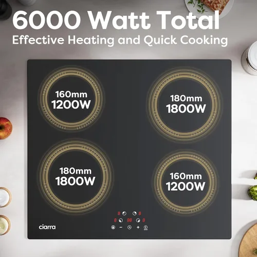 Vista 2 de CDV Placa de Inducción Empotrada de 6000W con 4 Quemadores, Placa Eléctrica de 24 Pulgadas con Control Táctil de Vidrio Cerámico, 9 Niveles