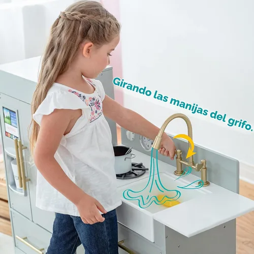 Vista 7 de Teamson Kids Little Chef Charlotte - Cocina Moderna Modular Interactiva de Madera para Jugar con Refrigerador, Estufa y Lavabo en Gris con Acentos